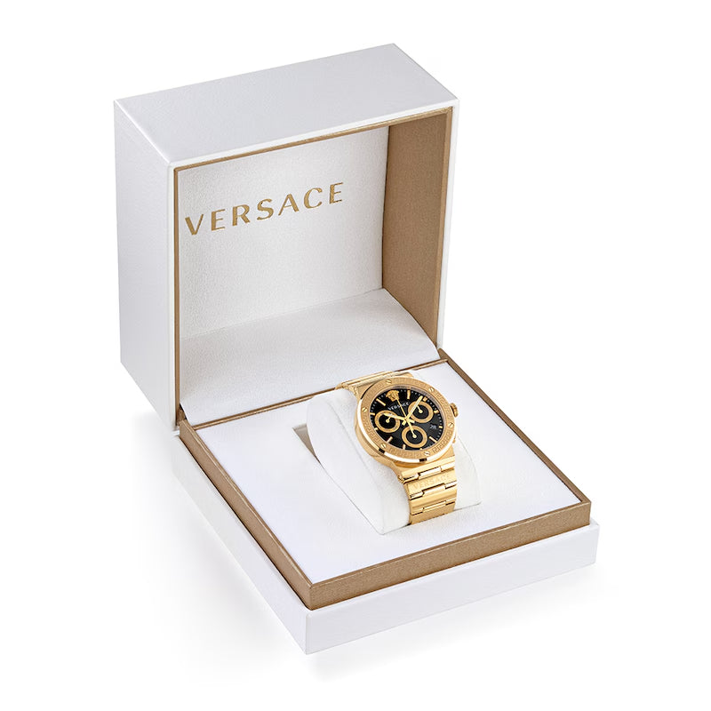 Versace Greca Chronograph Black Dial Gold Steel Strap Watch For Men - VEZ900421 Buy Now By Versace