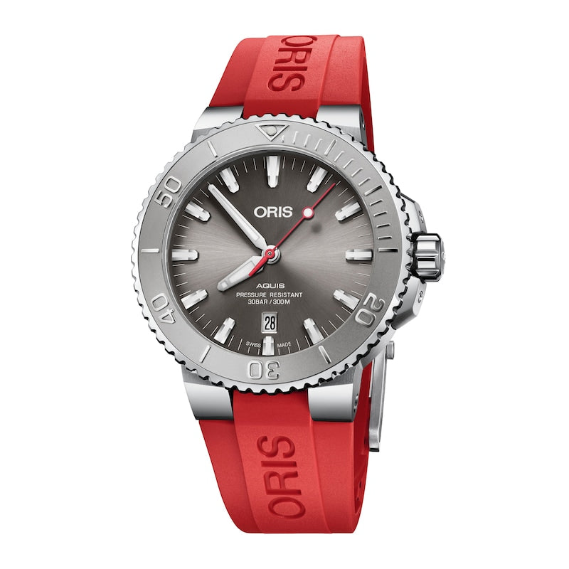 Oris Aquis Date Relief Grey Dial Red Rubber Strap Watch for Men - 0173377304153-0742466EB Buy Now By Oris