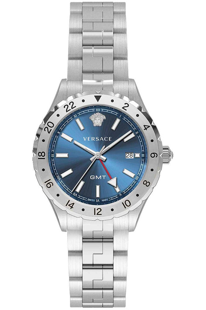 Versace Hellenyium GMT Blue Dial Silver Steel Strap Watch for Men - V11010015 Buy Now By Versace