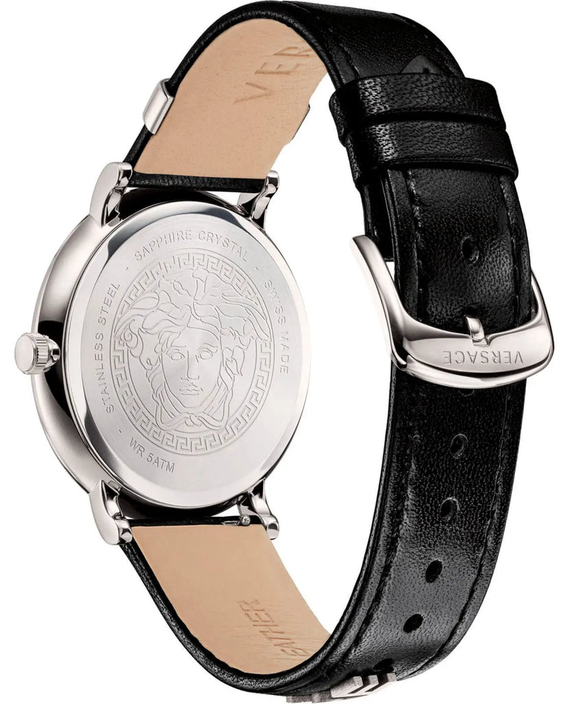 Versace V-Circle Black Manifesto Courage Quartz Silver Dial Black Leather Strap Watch for Men - VBQ080017 Buy Now By Versace