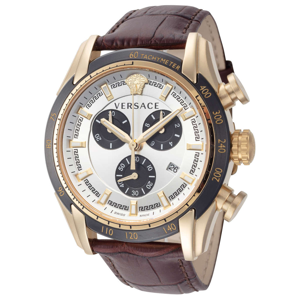 Versace V-Ray Chronograph Quartz White Dial Brown Leather Strap Watch For Men - VE2I00221 Buy Now By Versace