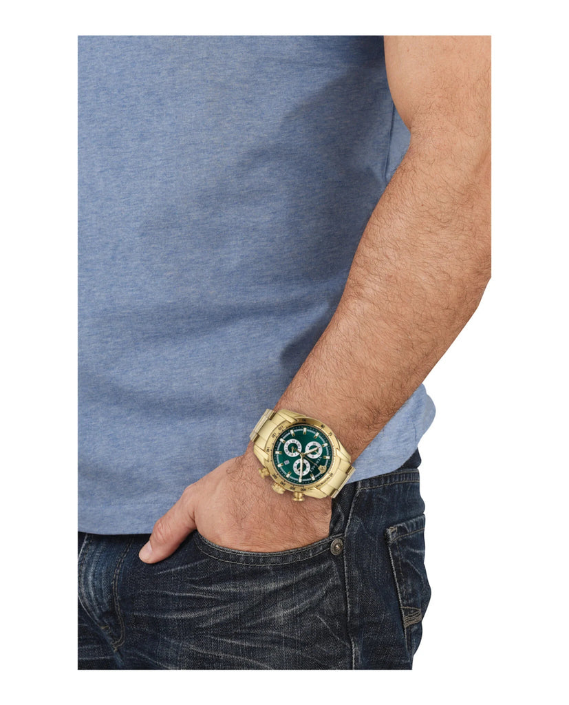 Versace V-Ray Chronograph Quartz Green Dial Gold Steel Strap Watch For Men - VE2I00621 Buy Now By Versace