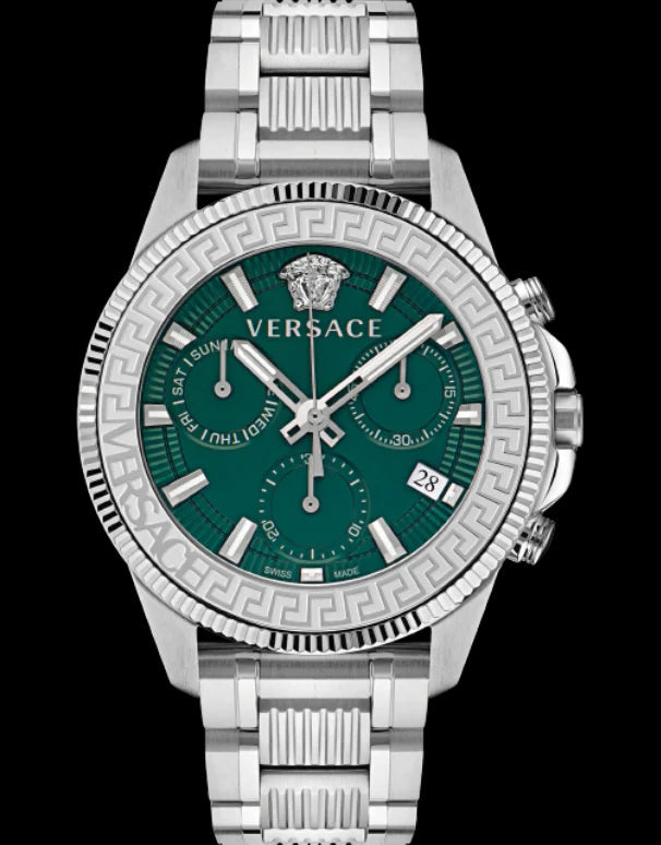 Versace Greca Action Chronograph Quartz Green Dial Silver Steel Strap Watch for Men - VE3J00422 Buy Now By Versace
