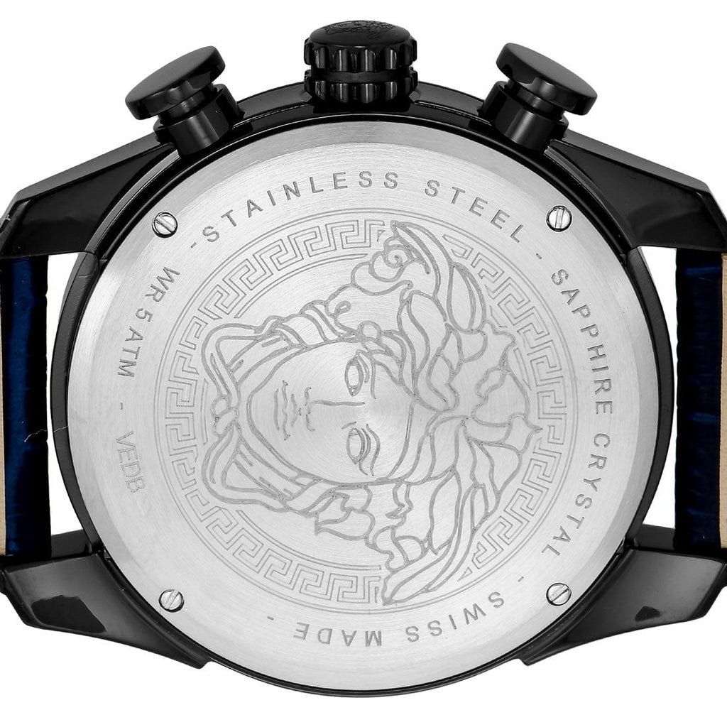 Versace V-Ray Chronograph Quartz Blue Dial Black Leather Strap Watch For Men - VEDB00418 Buy Now By Versace