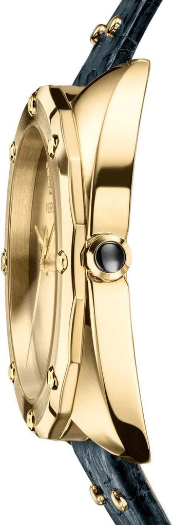 Versace Shadov Quartz Gold Dial Black Leather Strap Watch for Women - VEBM00318 Buy Now By Versace