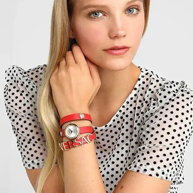 Versace V-Flare Quartz Silver Dial Red Leather Strap Watch for Women - VEBN00418 Buy Now By Versace