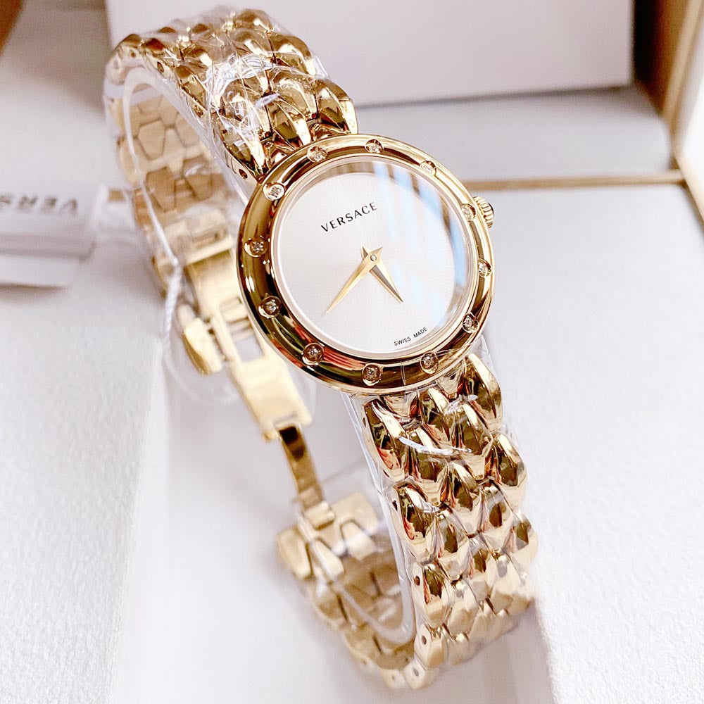 Versace V-Flare Quartz Silver Dial Gold Steel Strap Watch for Women - VEBN00818 Buy Now By Versace