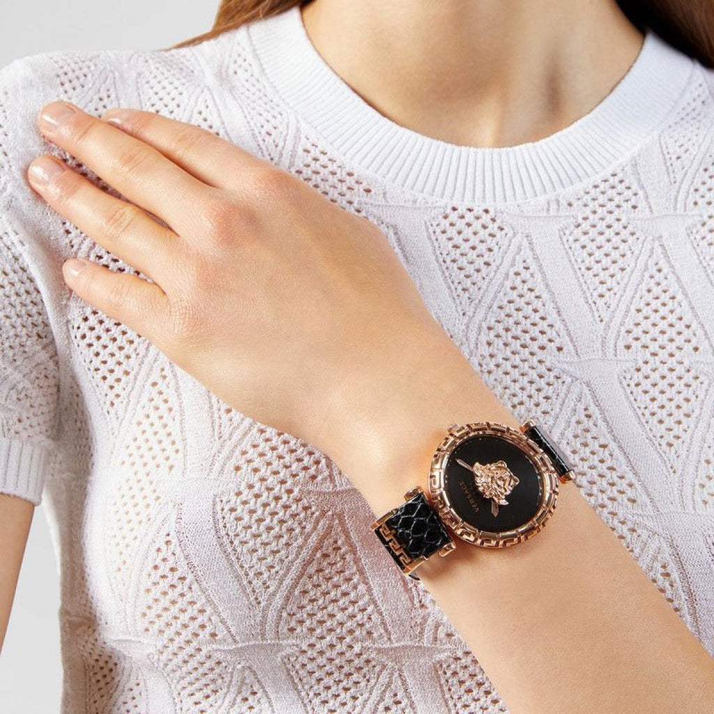 Versace Palazzo Empire Greca Black Dial Black Leather Strap Watch for Women - VEDV00719 Buy Now By Versace
