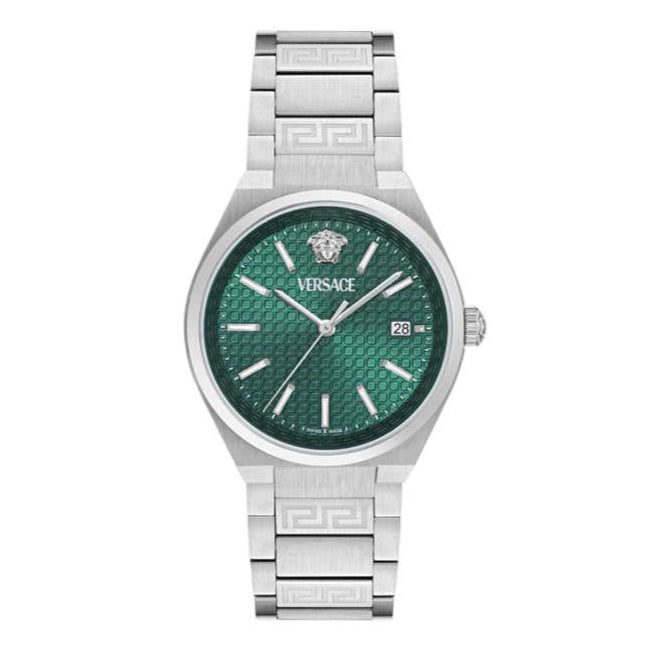 Versace V-Auria Quartz Green Dial Silver Steel Strap Watch for Men - VE0F00125 Buy Now By Versace