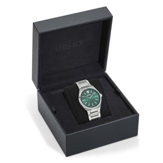 Versace V-Auria Quartz Green Dial Silver Steel Strap Watch for Men - VE0F00125 Buy Now By Versace