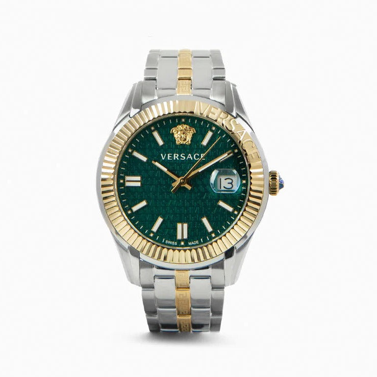 Versace Greca Time Quartz Green Dial Two Tone Steel Strap Watch For Men - VE3K00422 Buy Now By Versace