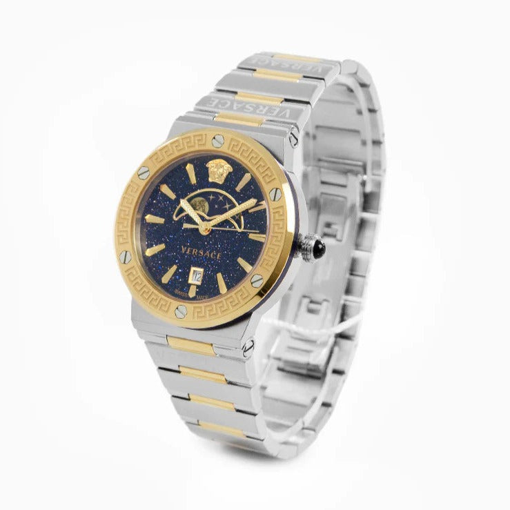 Versace Greca Logo Moonphase Black Dial Two Tone Steel Strap Watch for Men - VE7G00223 Buy Now By Versace