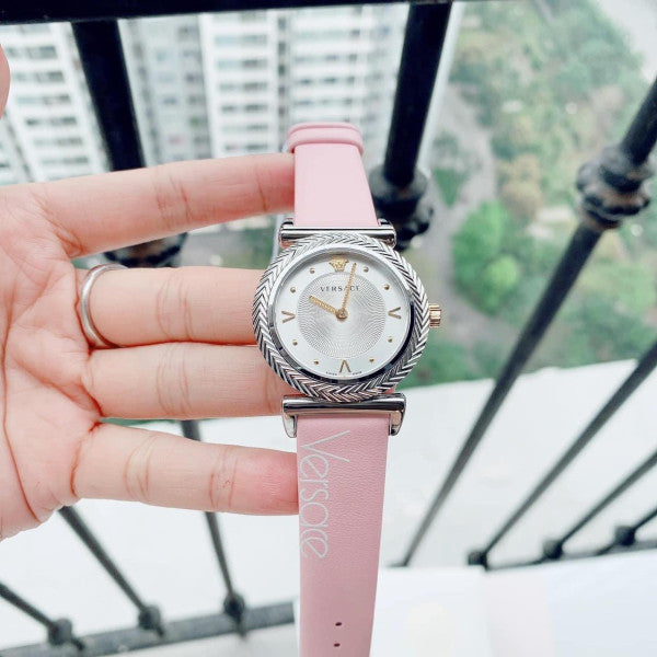 Versace V-Motif Silver Dial Pink Leather Strap Watch for Women - VERE00118 Buy Now By Versace