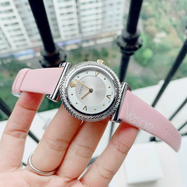 Versace V-Motif Silver Dial Pink Leather Strap Watch for Women - VERE00118 Buy Now By Versace