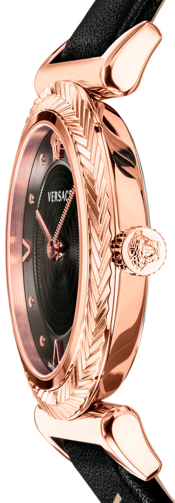 Versace V-Motif Vintage Logo Black Dial Black Leather Strap Watch for Women - VERE00818 Buy Now By Versace