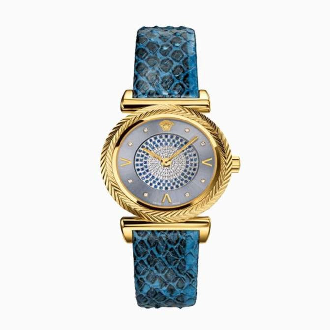 Versace V-Motif Vintage Logo Diamonds Blue Dial Blue Leather Strap Watch for Women - VERE01018 Buy Now By Versace