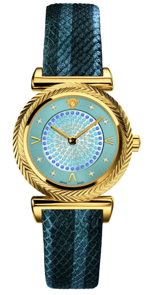 Versace V-Motif Vintage Logo Diamonds Blue Dial Blue Leather Strap Watch for Women - VERE01018 Buy Now By Versace