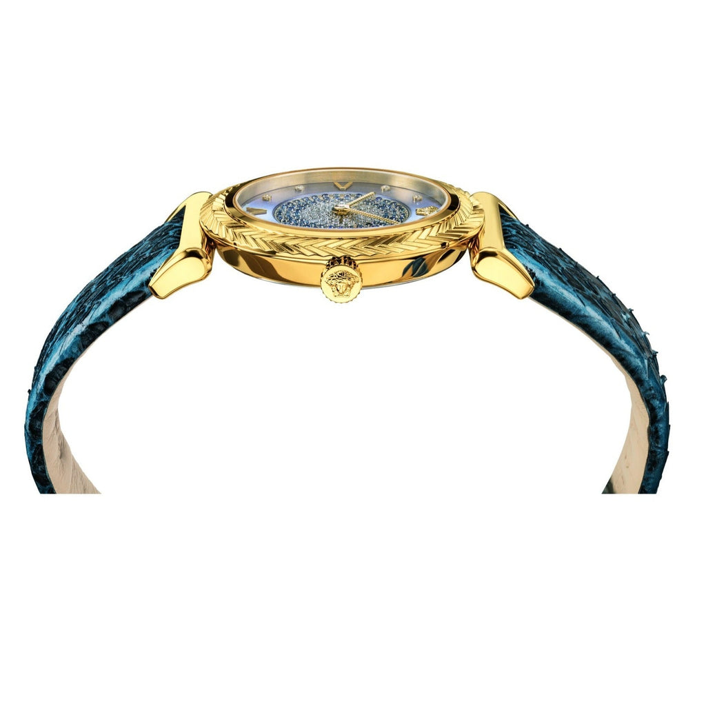 Versace V-Motif Vintage Logo Diamonds Blue Dial Blue Leather Strap Watch for Women - VERE01018 Buy Now By Versace