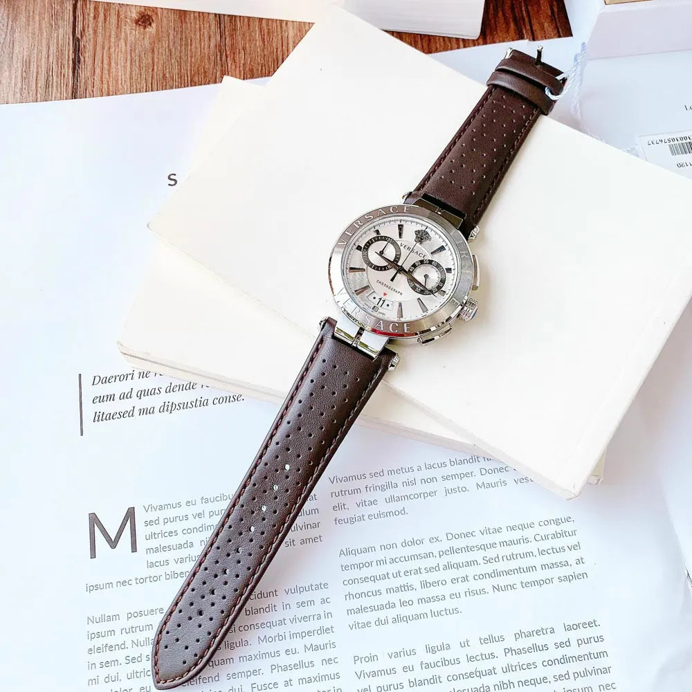 Versace Aion Chronograph White Dial Brown Leather Strap Watch for Men - VBR010017 Buy Now By Versace