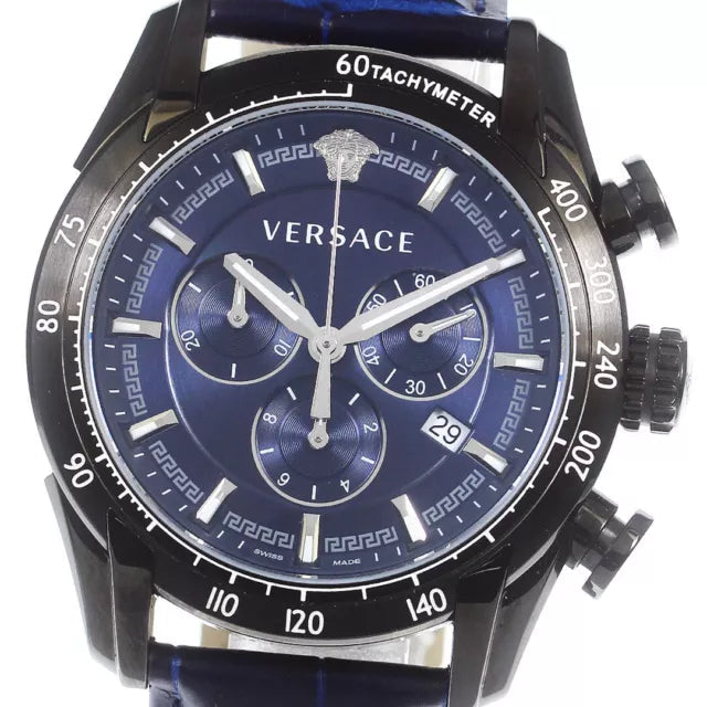 Versace V-Ray Chronograph Quartz Blue Dial Black Leather Strap Watch For Men - VEDB00418 Buy Now By Versace