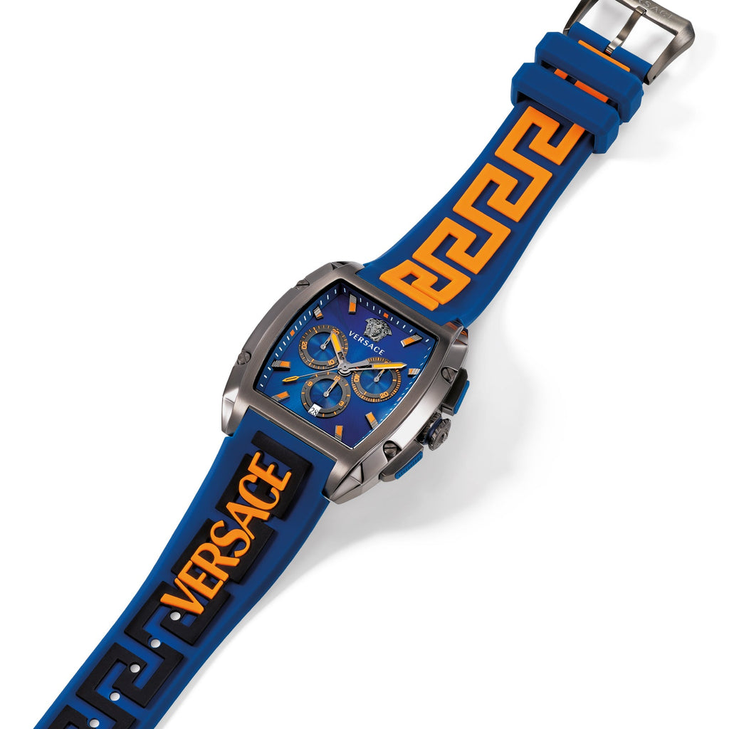 Versace Iconic Dominus Chronograph Blue Dial Blue Rubber Strap Watch For Men - VE6H00323 Buy Now By Versace