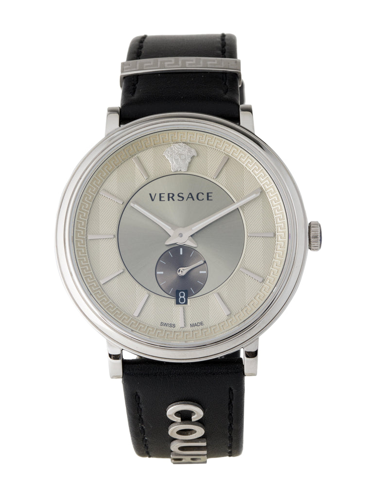 Versace V-Circle Black Manifesto Courage Quartz Silver Dial Black Leather Strap Watch for Men - VBQ080017 Buy Now By Versace