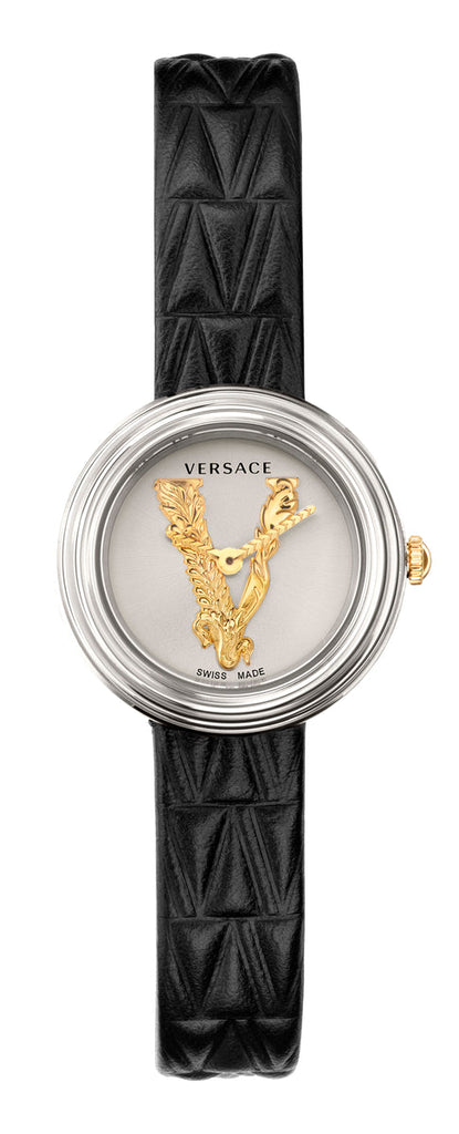 Versace Virtus Quartz White Dial Black Leather Strap Watch For Women - VET300421 Buy Now By Versace