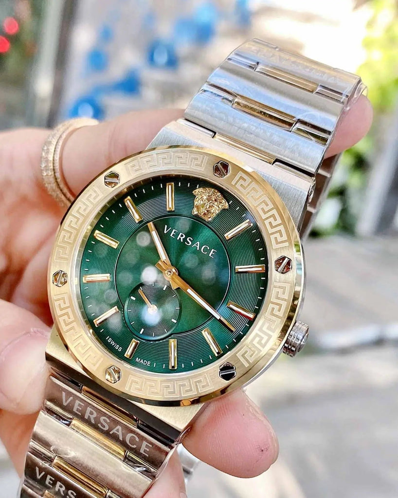Versace Hellenyium Quartz Green Dial Silver Steel Strap Watch For Men - VEVK00420 Buy Now By Versace