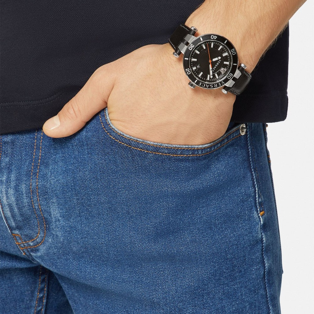 Versace Greca Sport Quartz Black Dial Black Leather Strap Watch For Men - VEZ300221 Buy Now By Versace