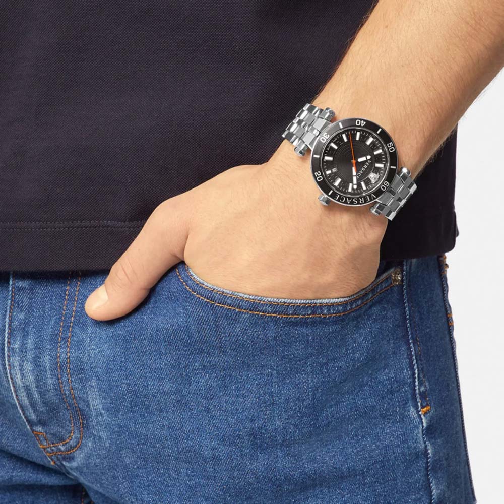 Versace Greca Sport Quartz Black Dial Silver Steel Strap Watch For Men - VEZ300321 Buy Now By Versace