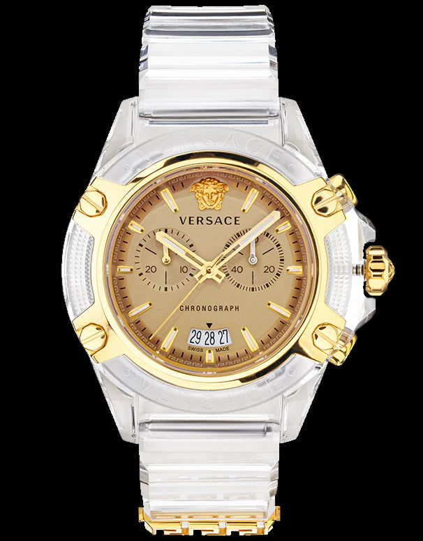 Versace Icon Active Chronograph Gold Dial White Silicone Strap Watch for Men - VEZ700121 Buy Now By Versace