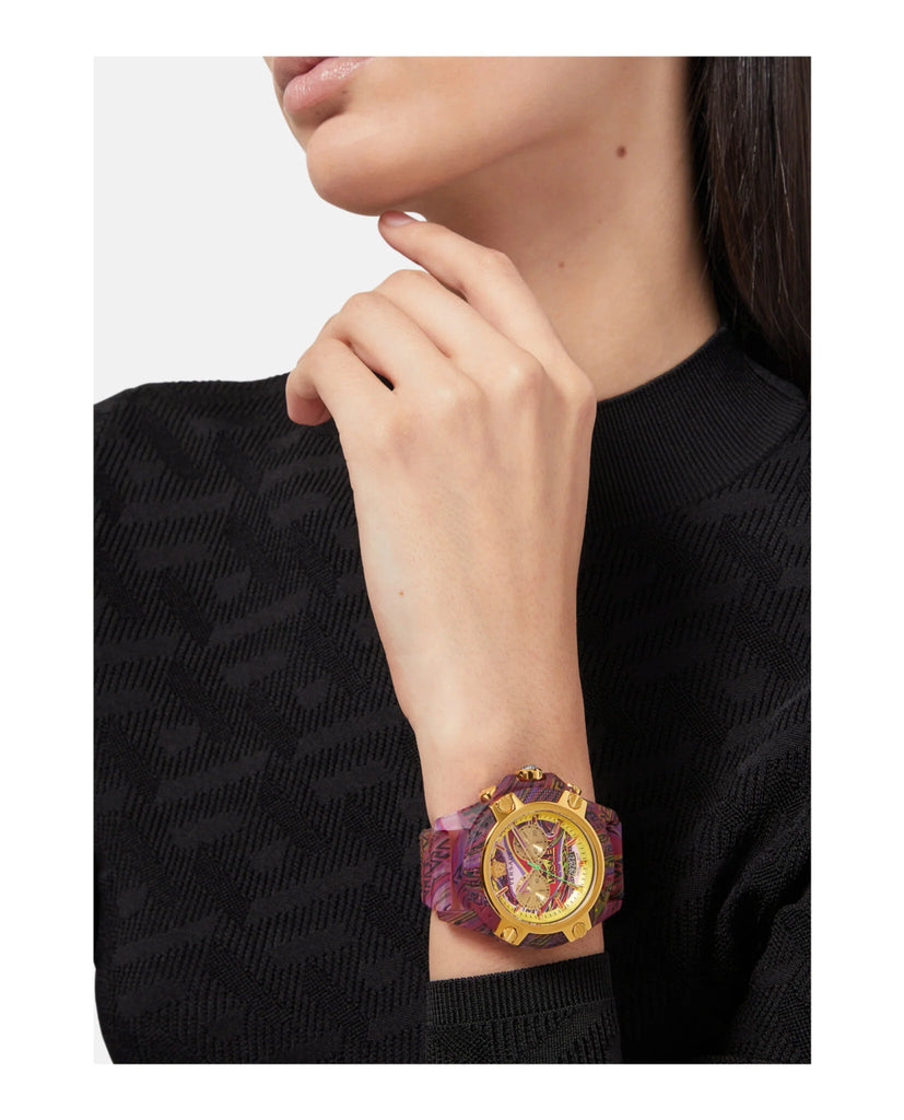 Versace Icon Active Chronograph Quartz Gold Dial Red Leather Strap Watch For Men - VEZ701222 Buy Now By Versace