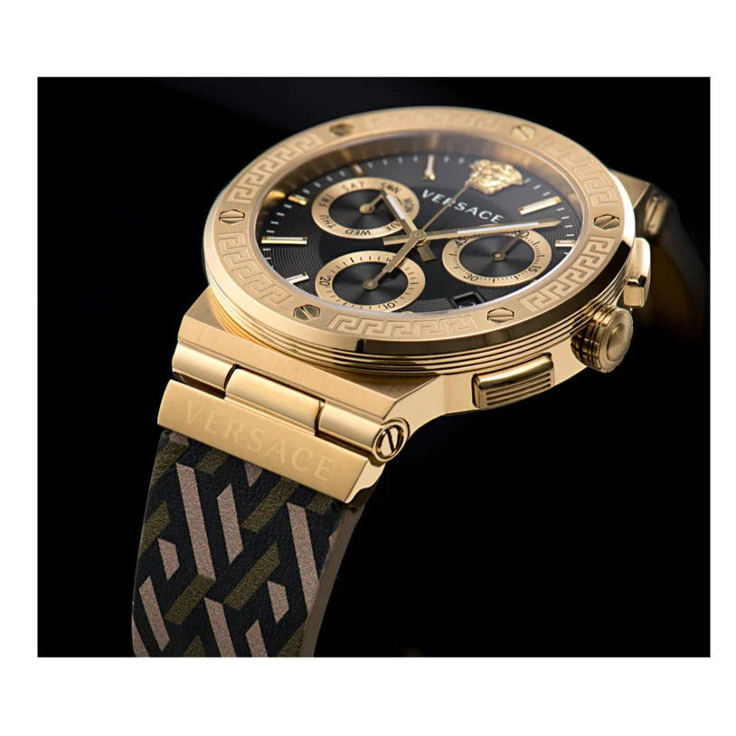 Versace Greca Chronograph Black Dial Brown Leather Strap Watch For Men - VEZ900621 Buy Now By Versace