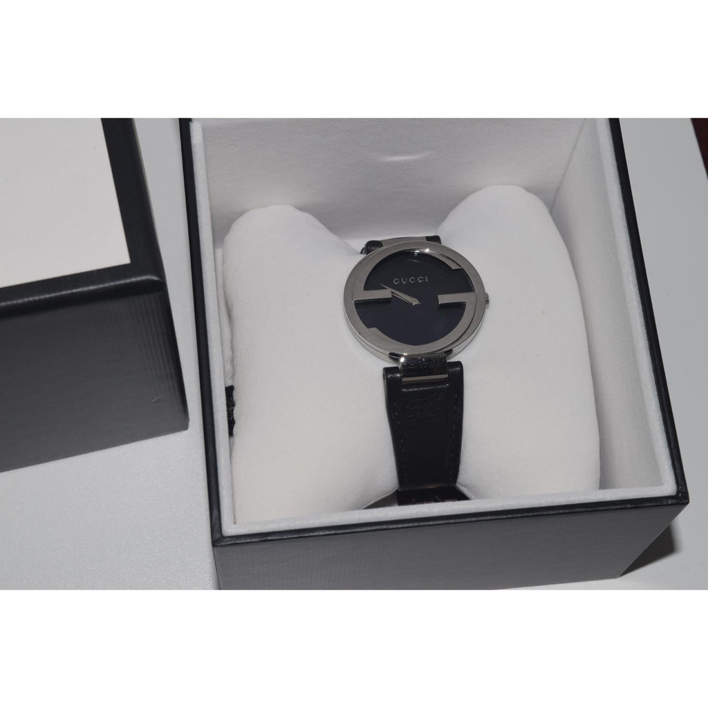 Gucci G Interlocking Black Dial Black Leather Strap Watch For Women - YA133301 Buy Now By Gucci