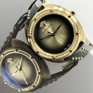 Versace Shadov Quartz Gold Dial Black Leather Strap Watch for Women - VEBM01118 Buy Now By Versace