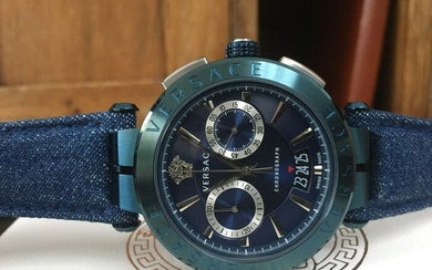 Versace Aion Chronograph Blue Dial Blue Leather Strap Watch for Men - VBR070017 Buy Now By Versace