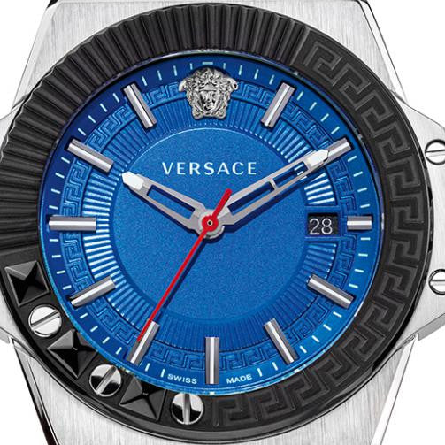 Versace Chain Reaction Quartz Blue Dial Blue & Black Leather Strap Watch for Men - VEDY00119 Buy Now By Versace