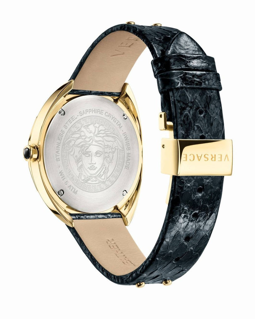 Versace Shadov Quartz Gold Dial Black Leather Strap Watch for Women - VEBM00318 Buy Now By Versace