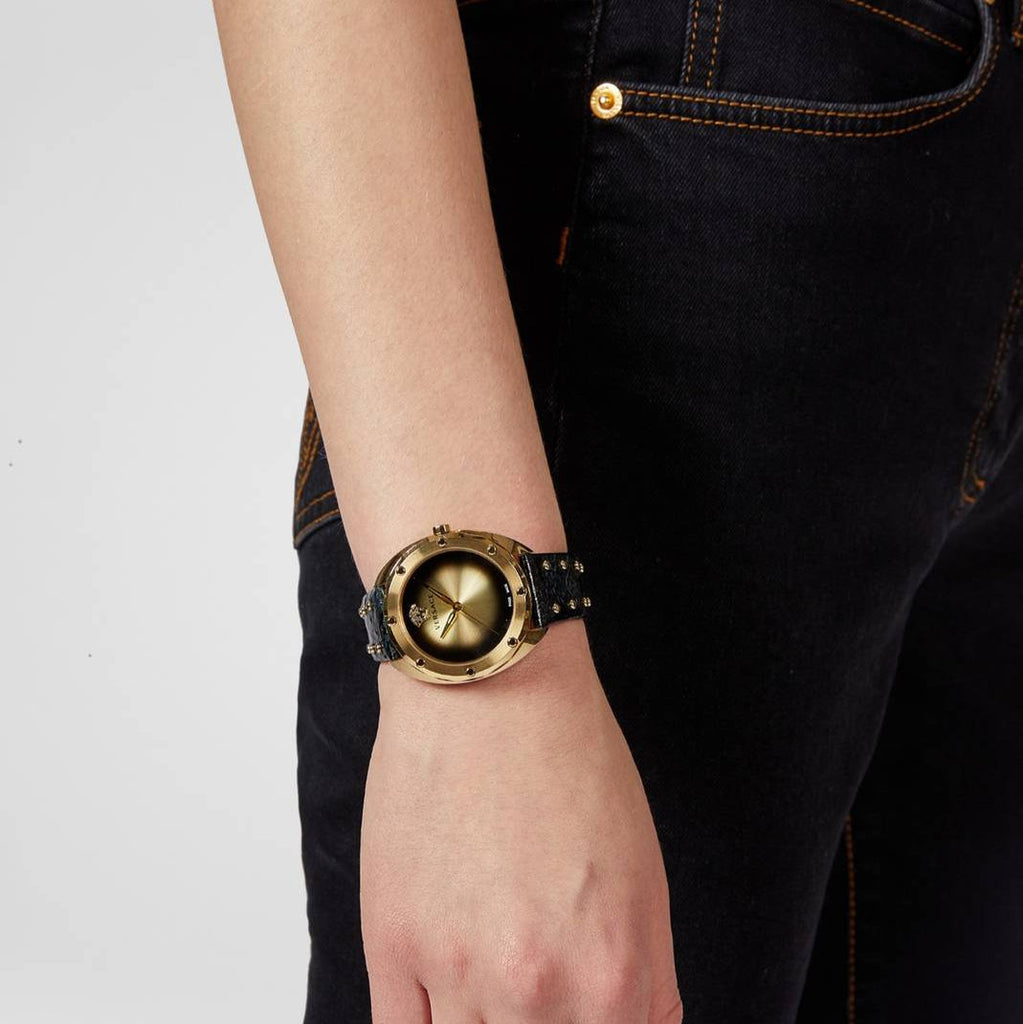 Versace Shadov Gold Dial Green Leather Strap Watch For Women - VEBM01018 Buy Now By Versace