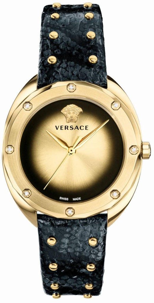 Versace Shadov Quartz Gold Dial Black Leather Strap Watch for Women - VEBM01118 Buy Now By Versace