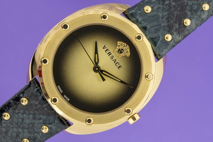 Versace Shadov Quartz Gold Dial Black Leather Strap Watch for Women - VEBM00318 Buy Now By Versace