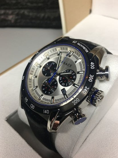 Versace V-Ray Quartz Silver Dial Black Leather Strap Watch for Men - VDB010014 Buy Now By Versace