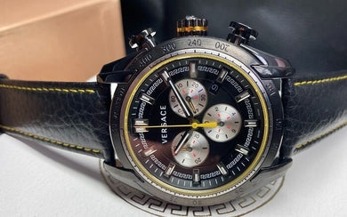 Versace V Ray Chronograph Grey Dial Black Leather Strap Watch for Men - VDB020014 Buy Now By Versace