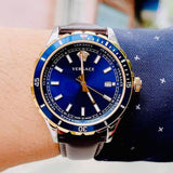 Versace Hellenyium GMT Blue Dial Brown Leather Strap Watch for Men - V11080017 Buy Now By Versace