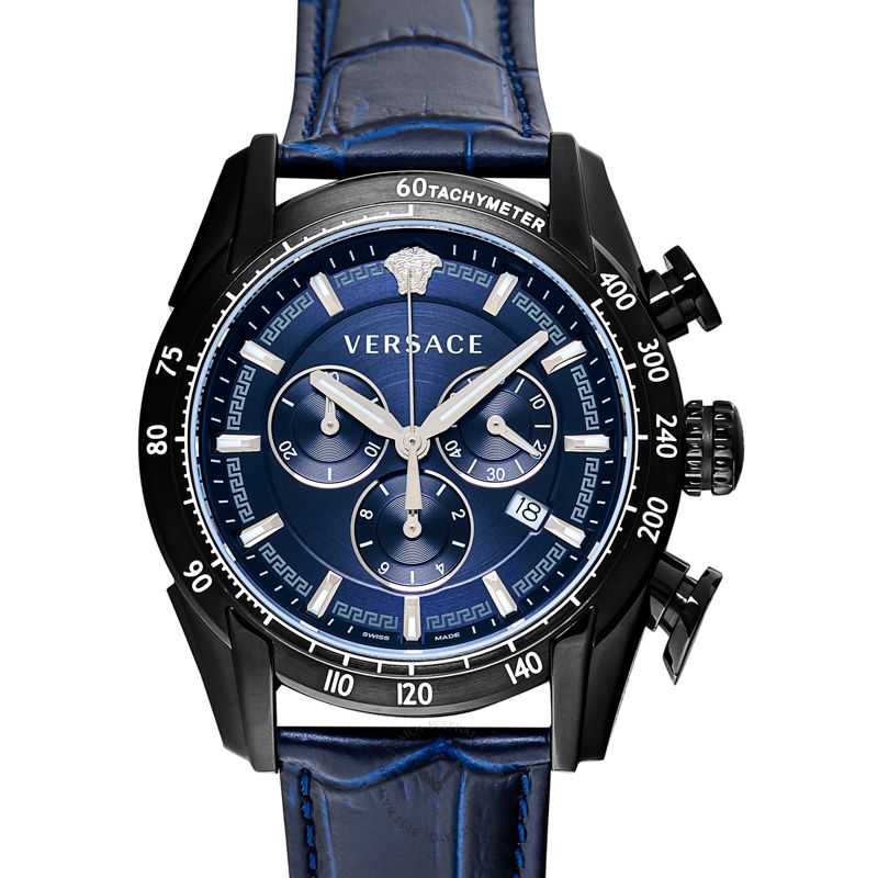 Versace V-Ray Chronograph Quartz Blue Dial Black Leather Strap Watch For Men - VEDB00418 Buy Now By Versace