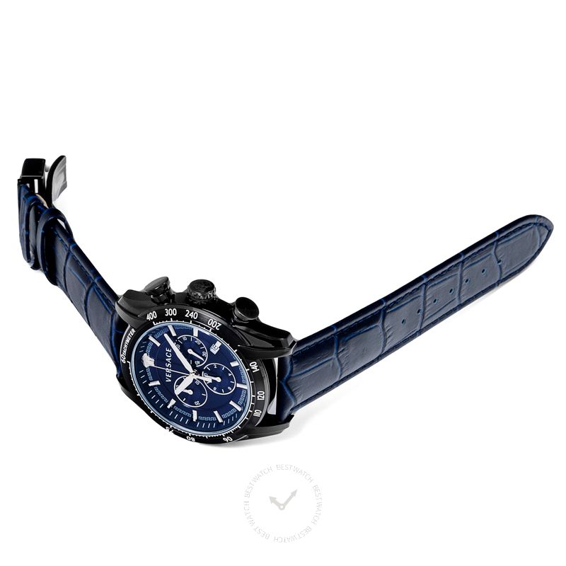 Versace V-Ray Chronograph Quartz Blue Dial Black Leather Strap Watch For Men - VEDB00418 Buy Now By Versace