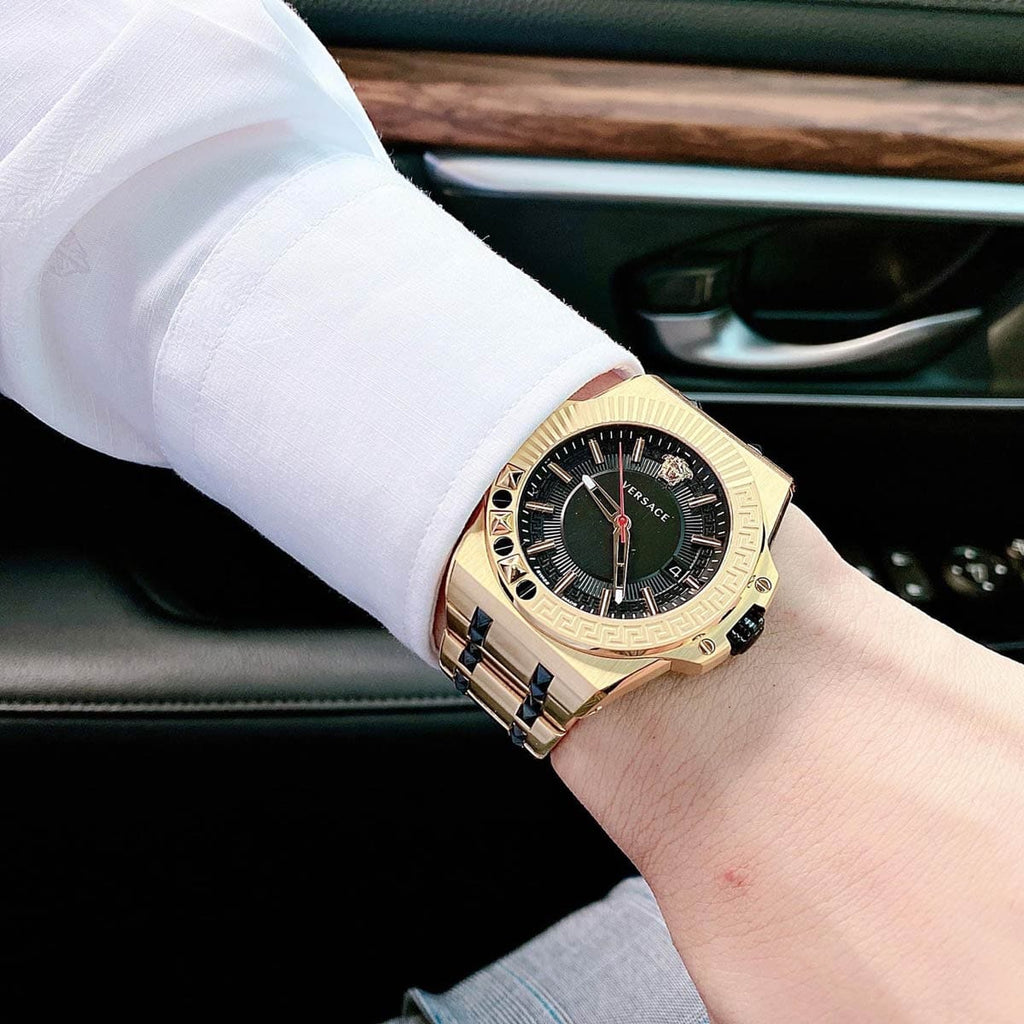 Versace Chain Reaction Quartz Black Dial Two Tone Steel Strap Watch for Men - VEDY00619 Buy Now By Versace