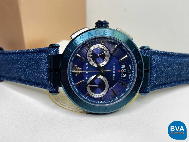 Versace Aion Chronograph Blue Dial Blue Leather Strap Watch for Men - VBR070017 Buy Now By Versace
