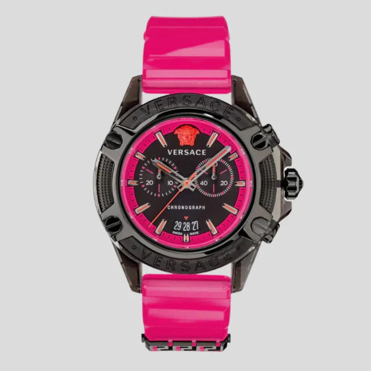 Versace Icon Active Chronograph Quartz Black Dial Pink Rubber Strap Watch For Men - VEZ700221 Buy Now By Versace