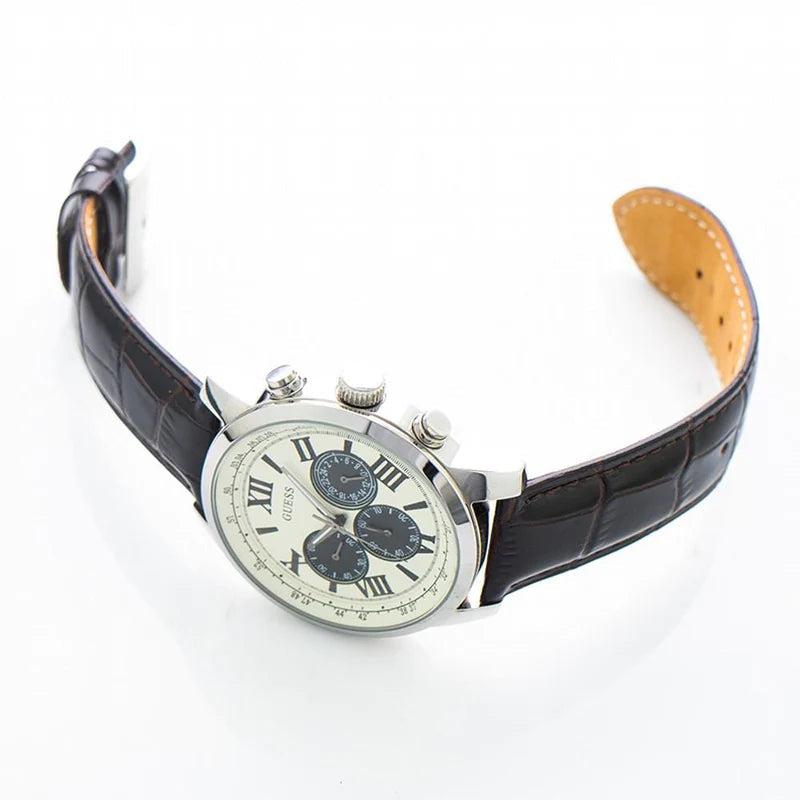 Guess Chronograph Quartz White Dial Brown Leather Strap Watch For Men - W0380G1 Buy Now By Guess